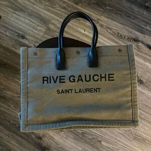 Rive Gauche army green canvas tote bag black leather handle silver buttons